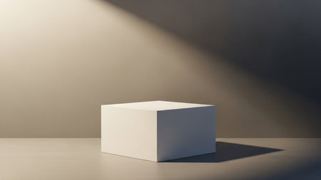 A minimalist studio scene featuring a white cube pedestal casting a sharp shadow under directional light against a...の写真素材