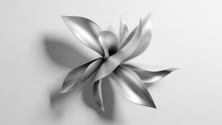 A minimalist 3D rendering of a metallic silver abstract flower sculpture with smooth, reflective petals on a white...の写真素材