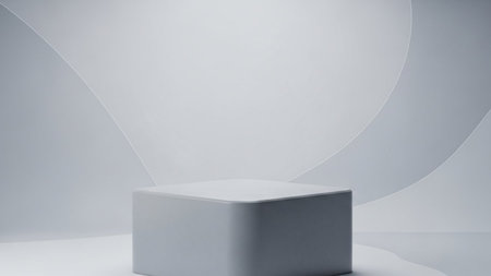 A smooth, light grey cube pedestal sits on a clean, minimalist background featuring subtle, flowing curved lines and...の写真素材