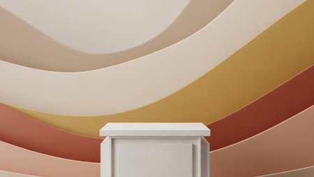 A minimalist light stone podium stands against a backdrop of flowing, wavy bands in neutral earthy tones of beige...の写真素材