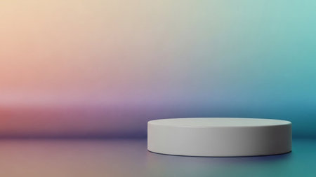 Surface showing minimalist white cylinder podium on reflective surface with soft gradient background.の写真素材