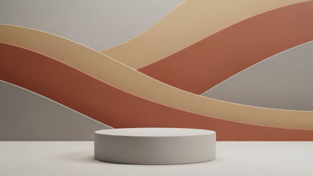 A simple grey cylindrical podium stands on a white surface against a backdrop of flowing curved waves in terracotta,...の写真素材