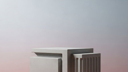 A minimalist concrete geometric pedestal with clean lines against a soft, subtle gradient background.の写真素材