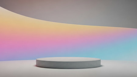 A simple gray concrete cylinder podium sits centered against a softly curved wall displaying a smooth pastel...の写真素材