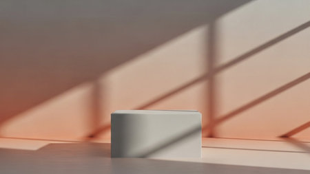 A minimalist light gray podium stands on a smooth surface against a soft peach wall with geometric shadow patterns.の写真素材