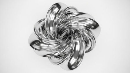 With showing polished chrome abstract sculpture with intertwined swirling metallic bands forming a symmetrical knot...の写真素材