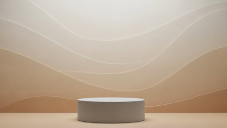 A minimalist beige cylindrical podium stands on a neutral surface against a gradient background with soft, flowing...の写真素材