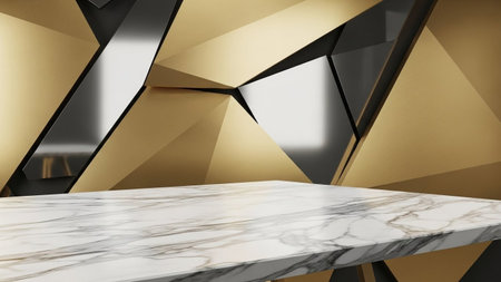 A polished marble platform is positioned in front of a dramatic, angular geometric background of gold and black...の写真素材