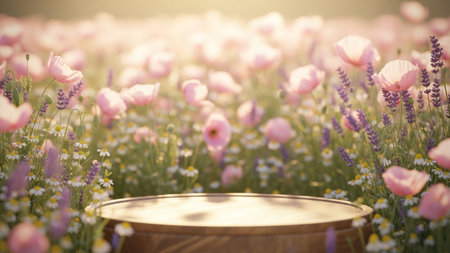 With showing soft focus meadow with pink poppies lavender and daisies surrounding a wooden podium for product...の写真素材