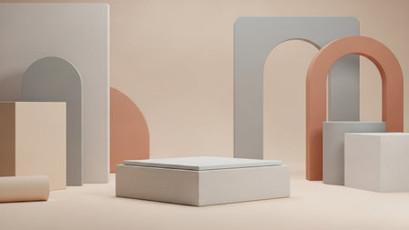 Minimalist showing minimalist geometric display pedestals and arches in neutral tones. resolutionの写真素材