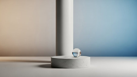 A minimalist concrete pedestal a clear glass sphere reflecting blue and white light against a soft gradient background.の写真素材