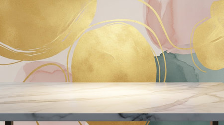 With showing marble surface with abstract golden and pink watercolor background. resolutionの写真素材