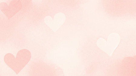 A soft pastel pink watercolor wash with scattered white and light pink heart shapes and diffused cloud-like textures.の写真素材