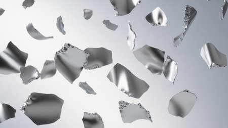 Numerous sharp, reflective silver metallic shards are scattered and floating against a light grey gradient background.の写真素材