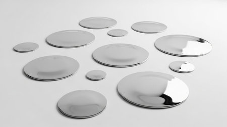 Multiple reflective silver liquid droplets of varying sizes are spread across a smooth white surface with subtle...の写真素材