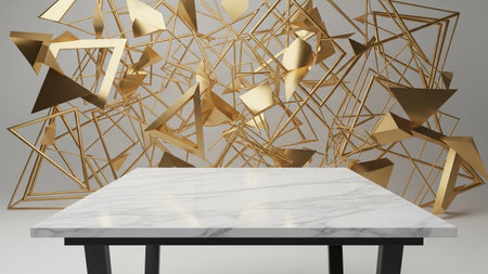 160. showing marble tabletop in front of a chaotic abstract sculpture of golden geometric shapes and lines.の写真素材