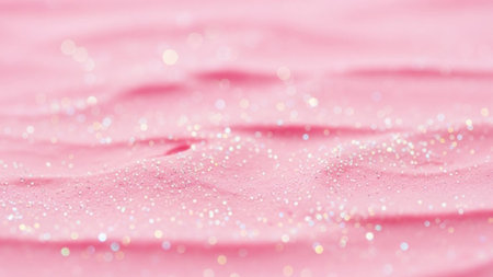 A soft pink undulating surface covered in fine glitter and sparkling bokeh lights, creating a dreamy and magical...の写真素材