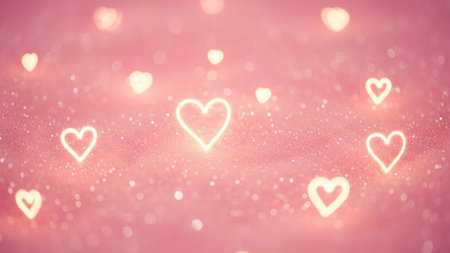 Shapes showing soft focus background of glowing neon heart shapes and bokeh lights in shades of pink and gold...の写真素材