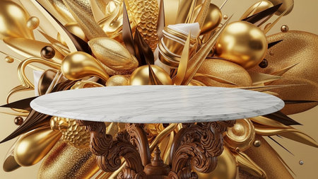 An oval marble display table with dark wood carved support is engulfed by a dynamic, chaotic explosion of golden...の写真素材