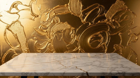 A polished marble table with natural veining rests in front of a richly textured abstract golden wall with visible...の写真素材