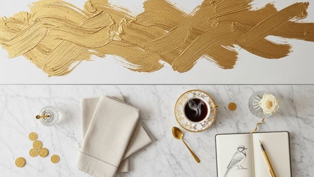 With showing overhead view of a desk setting with gold paint swirls coffee cup notebook and gold coins keywords:...の写真素材