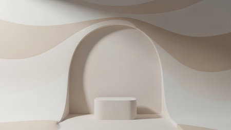 A minimalist beige architectural archway with a smooth rounded pedestal in the center, set against a backdrop of...の写真素材