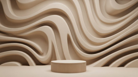 A ribbed beige podium stands before a wavy, abstract beige background, creating a minimalist display space.の写真素材