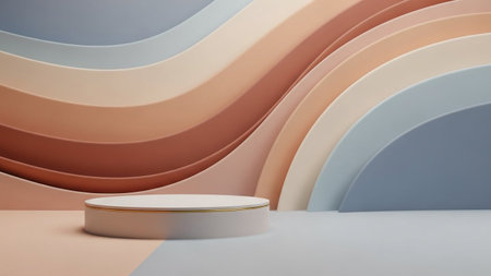 A round white podium is set against a backdrop of flowing, curved layers in soft pastel shades of beige, peach, and...の写真素材