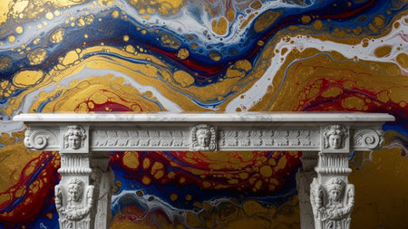With showing ornate white marble fireplace with carved faces against a vibrant abstract swirling background of gold...の写真素材