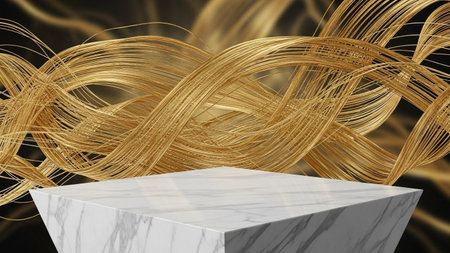 Golden showing polished marble pedestal with flowing golden ribbons against dark background. resolutionの写真素材