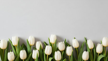 A simple and arrangement of fresh white tulips with vibrant green stems and leaves is presented in a horizontal row...の写真素材