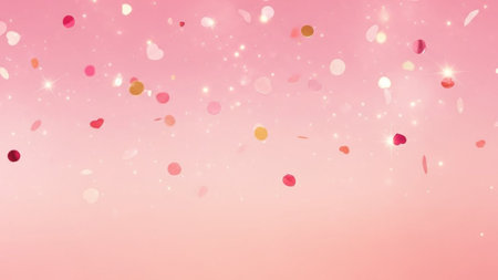 A soft pink gradient background is filled with falling confetti in various shapes and sparkling glitter, creating a...の写真素材