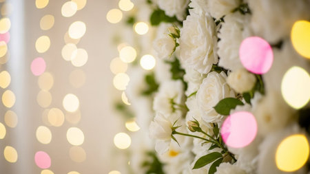 A soft focus wall of white roses with warm, blurred bokeh lights in yellow and pink creating a romantic and atmosphere.の写真素材