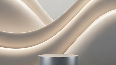 Texture showing minimalist podium with soft, flowing beige fabric waves in a clean, bright studio setting keywords:...の写真素材
