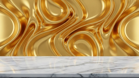 A polished white marble surface sits before a textured golden background with flowing, abstract swirling patterns.の写真素材