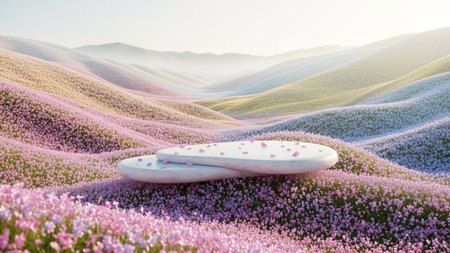 Gentle rolling hills blanketed in pink wildflowers under a soft sky, featuring a smooth white platform in the foreground.の写真素材