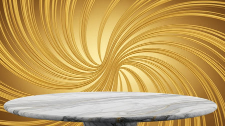A round white marble countertop with grey veins rests against a swirling golden abstract background creating a feel.の写真素材