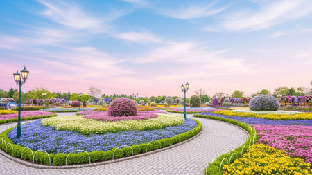 A vibrant flower garden with colorful beds, a winding paved path, and lamp posts under a pastel sunset sky.の写真素材