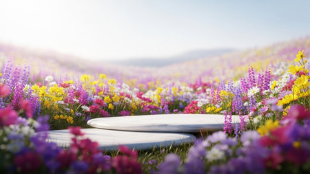 Two smooth white marble platforms are placed in a sunlit meadow bursting with a variety of colorful spring wildflowers.の写真素材