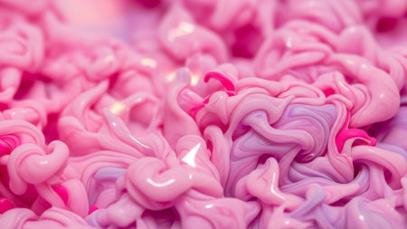 Swirling vibrant pink and purple liquid paint or ink creating abstract organic fluid shapes and textures with glossy...の写真素材