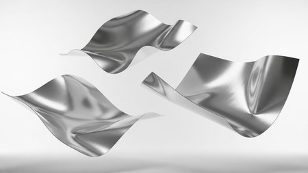 With showing three abstract fluid metallic silver sheets gracefully floating and undulating in a clean white studio...の写真素材