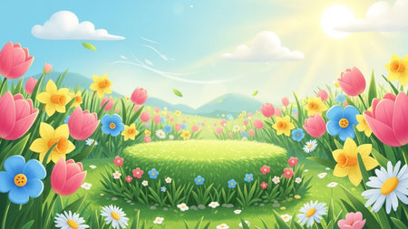 A vibrant cartoon spring meadow filled with colorful flowers and a bright sunny sky, featuring a circular grassy...の写真素材