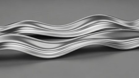 Two smooth, flowing silver metallic ribbons with gentle waves and subtle highlights are positioned on a plain gray...の写真素材