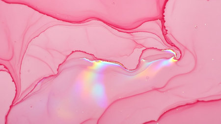 With showing swirling pink ink fluid with iridescent rainbow highlights and bubbles keywords: pink, ink, fluid,...の写真素材