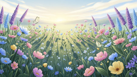 A vibrant spring meadow bursting with colorful wildflowers, butterflies, and soft sunlight casting long shadows.の写真素材