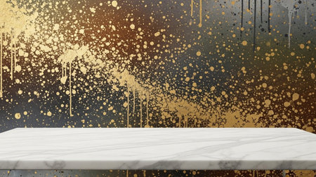 With showing textured metallic gold splatter and drips on a dark grunge background with marble surface.の写真素材
