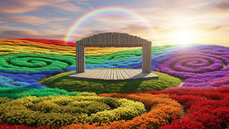 Vibrant rainbow flower fields surround a wooden stage structure under a bright sun and a colorful rainbow arc in the...の写真素材