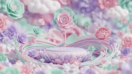150734 showing whimsical 3d render of a pastel flower pedestal surrounded by swirls and clouds. resolution...の写真素材