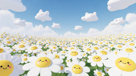 With showing whimsical 3d render of a daisy field with cute bunny clouds under a bright blue sky.の写真素材