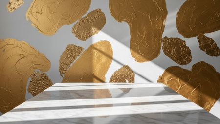 With showing textured gold abstract shapes on a light gray wall with a marble podium and dramatic sunlight casting...の写真素材